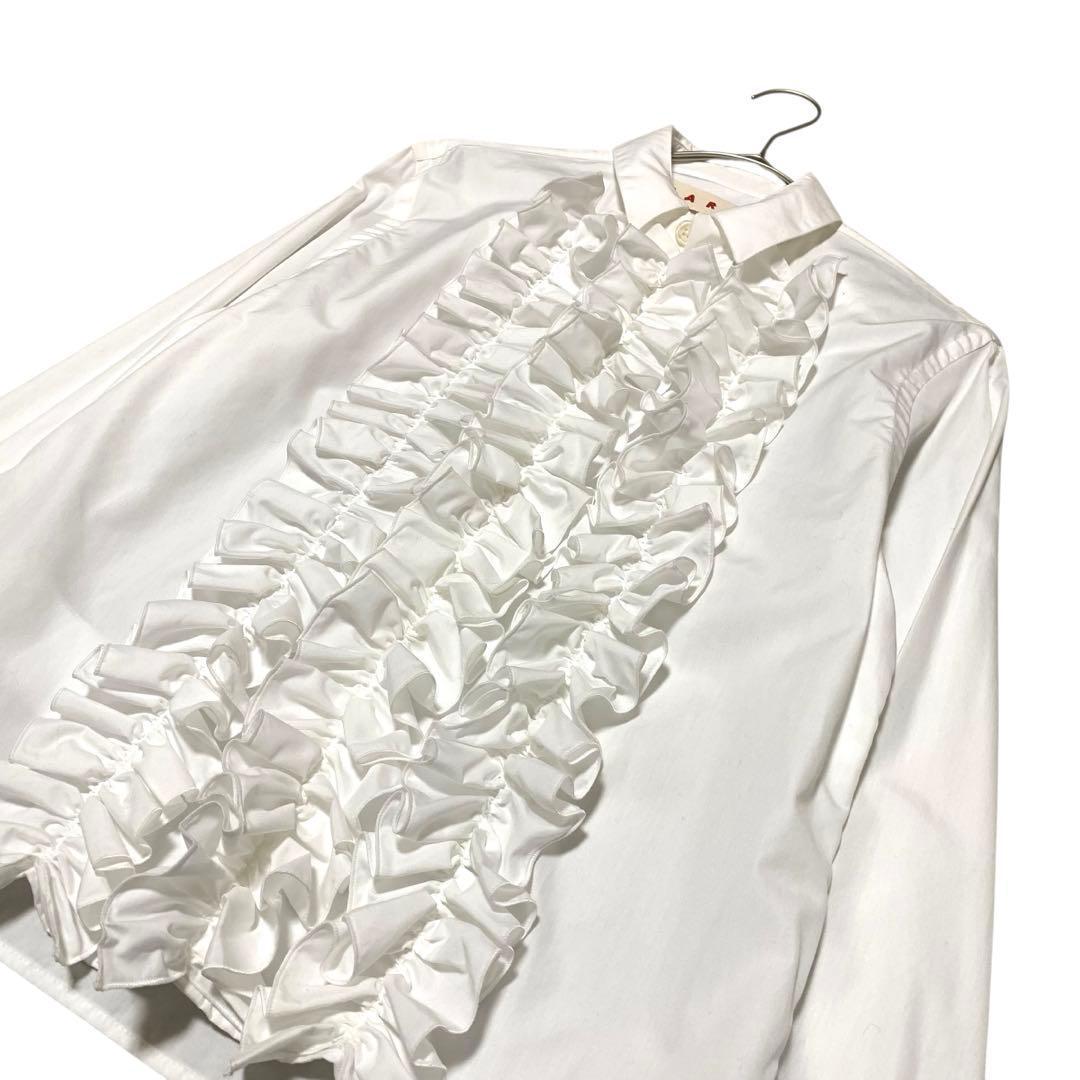 MARNI フリルブラウス シャツ ロゴ刺繍【38】2WAYカラー