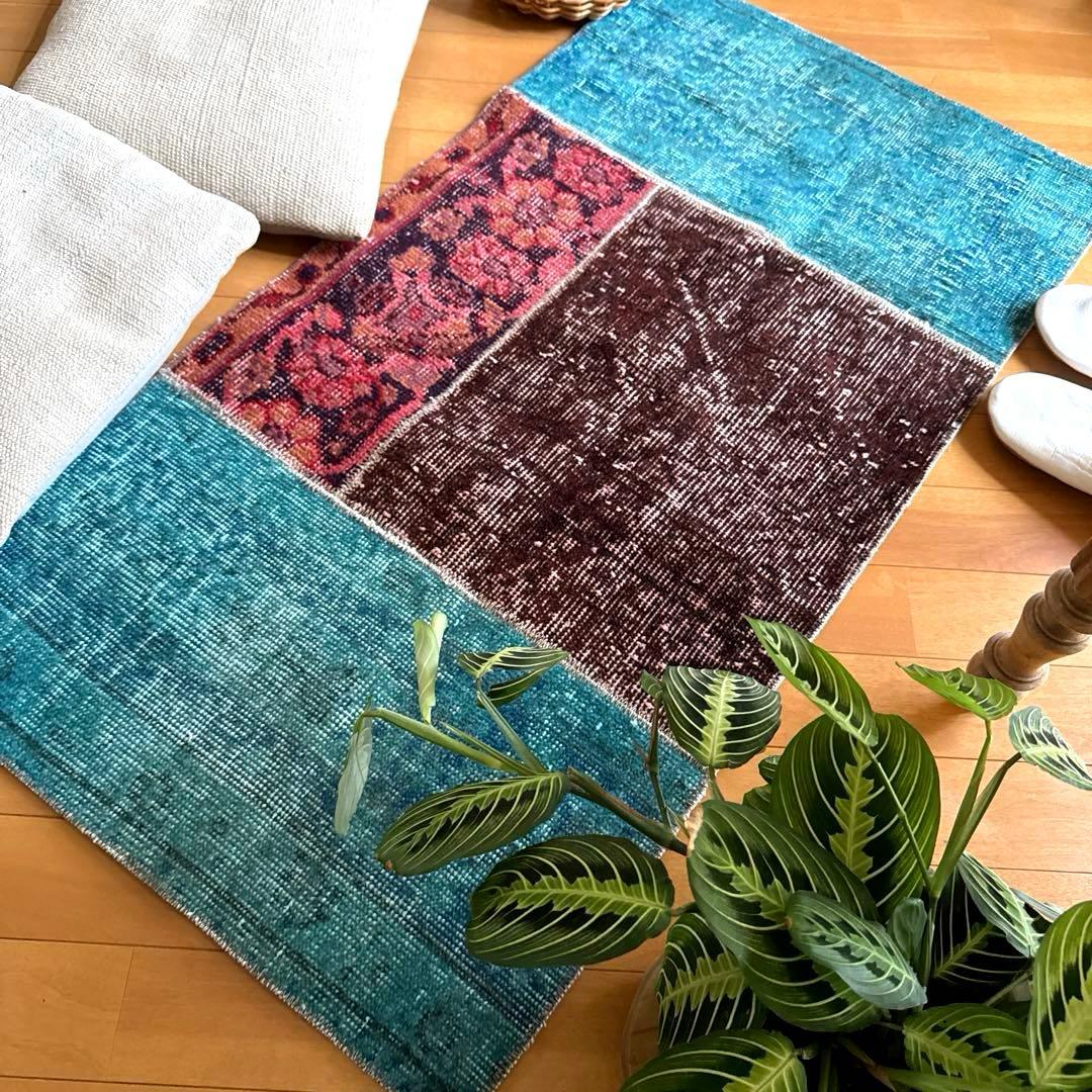 55×103 神秘的ブルー×ブラウン×ボタニカル　トルコヴィンテージラグ