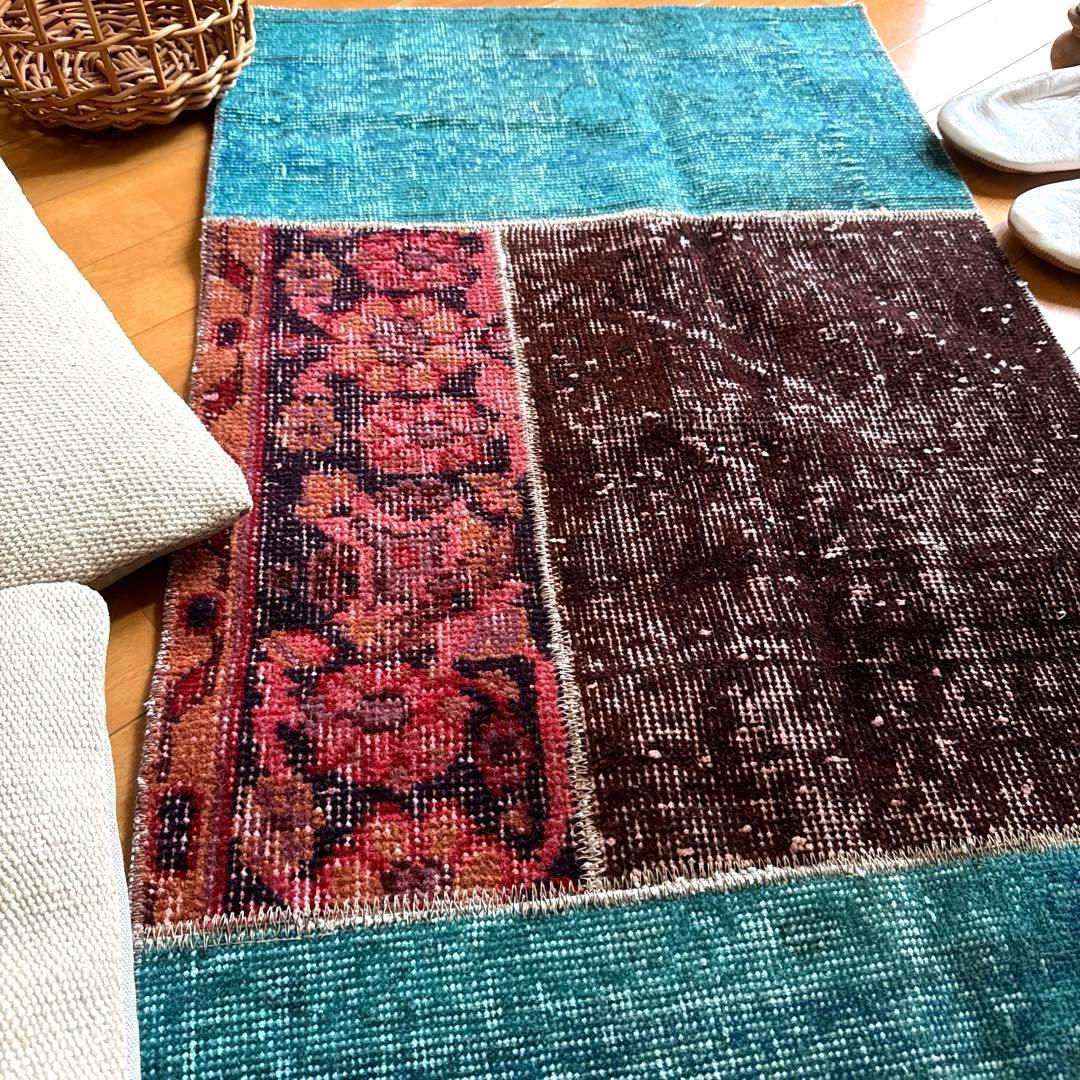 55×103 神秘的ブルー×ブラウン×ボタニカル　トルコヴィンテージラグ