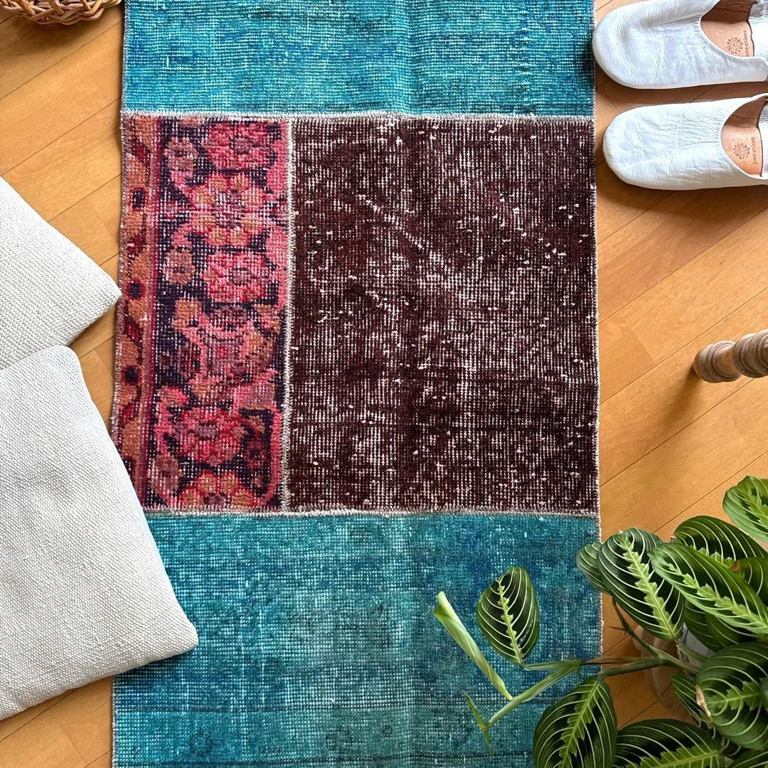 55×103 神秘的ブルー×ブラウン×ボタニカル　トルコヴィンテージラグ