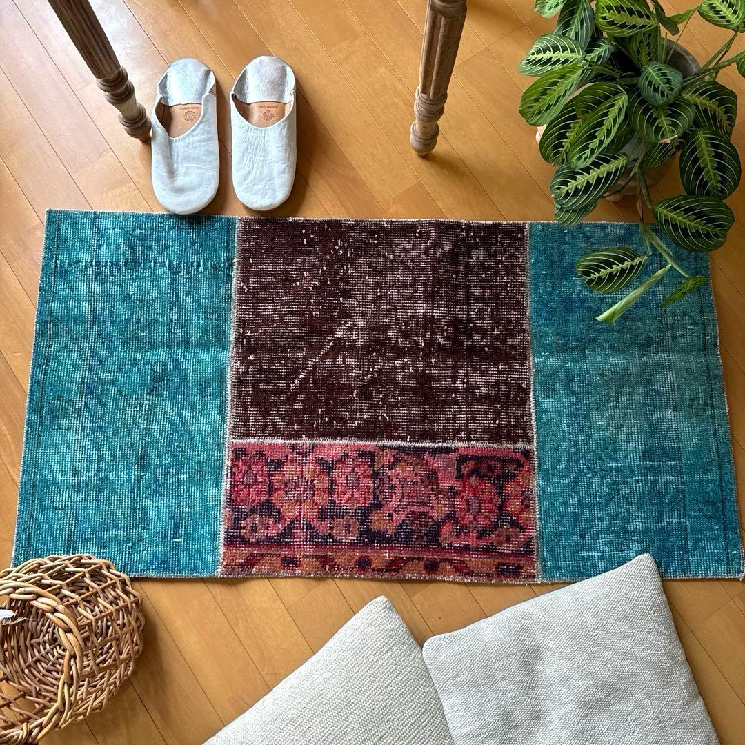 55×103 神秘的ブルー×ブラウン×ボタニカル　トルコヴィンテージラグ