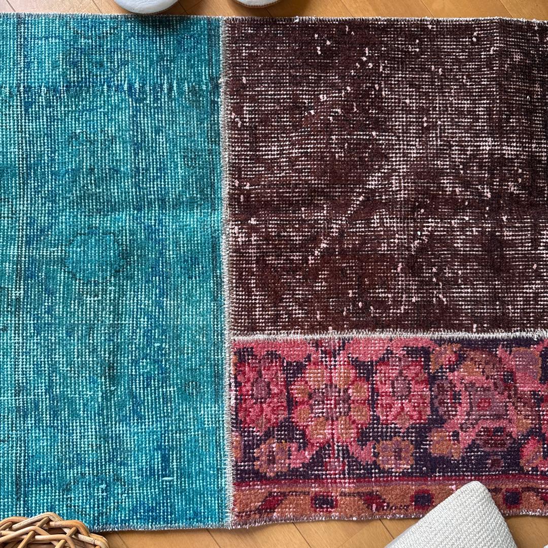55×103 神秘的ブルー×ブラウン×ボタニカル　トルコヴィンテージラグ