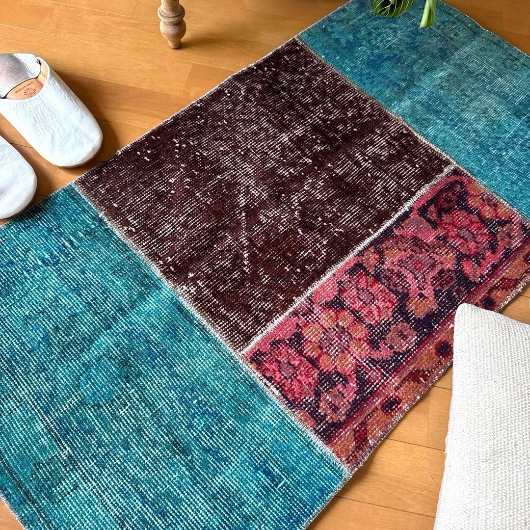 55×103 神秘的ブルー×ブラウン×ボタニカル　トルコヴィンテージラグ