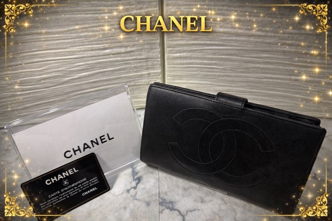【カード付・希少3番台】CHANEL ラムスキン がま口 二つ折り財布 ブラック