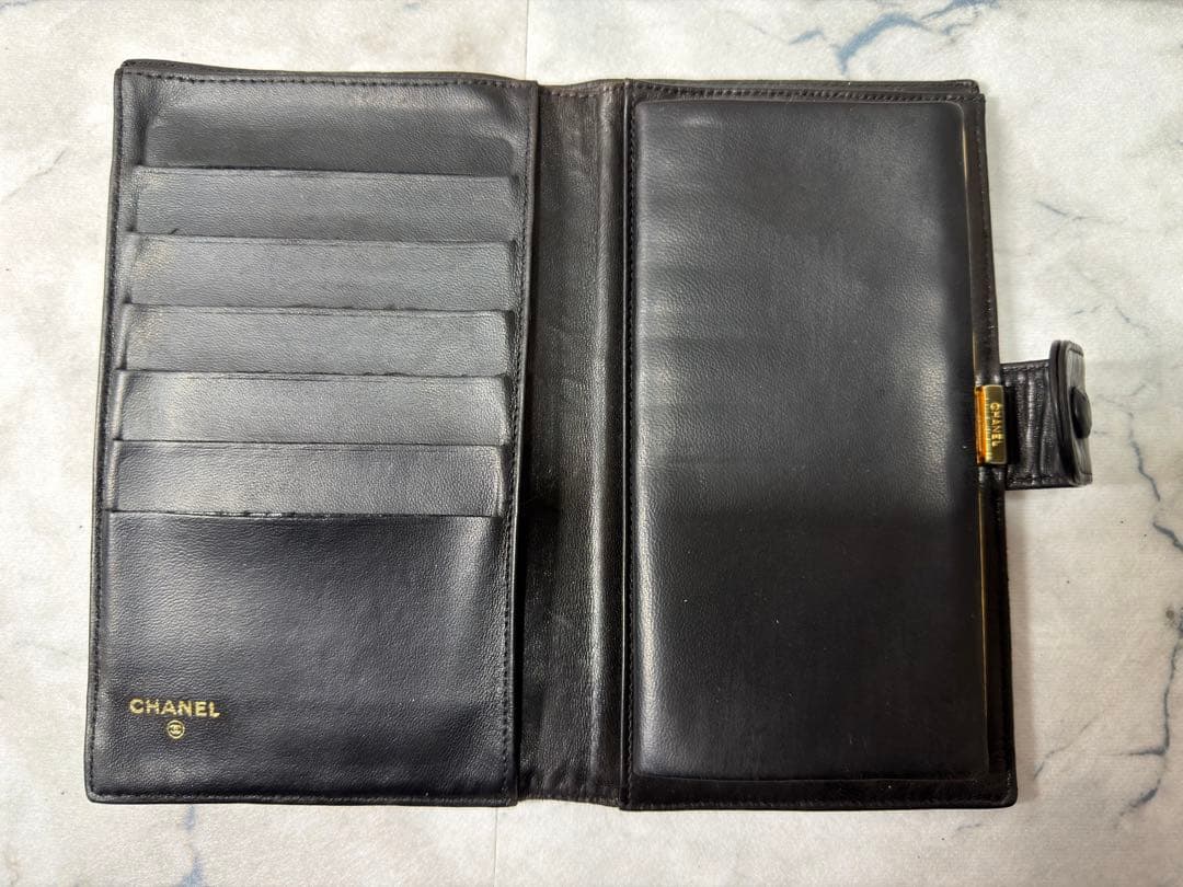 【カード付・希少3番台】CHANEL ラムスキン がま口 二つ折り財布 ブラック