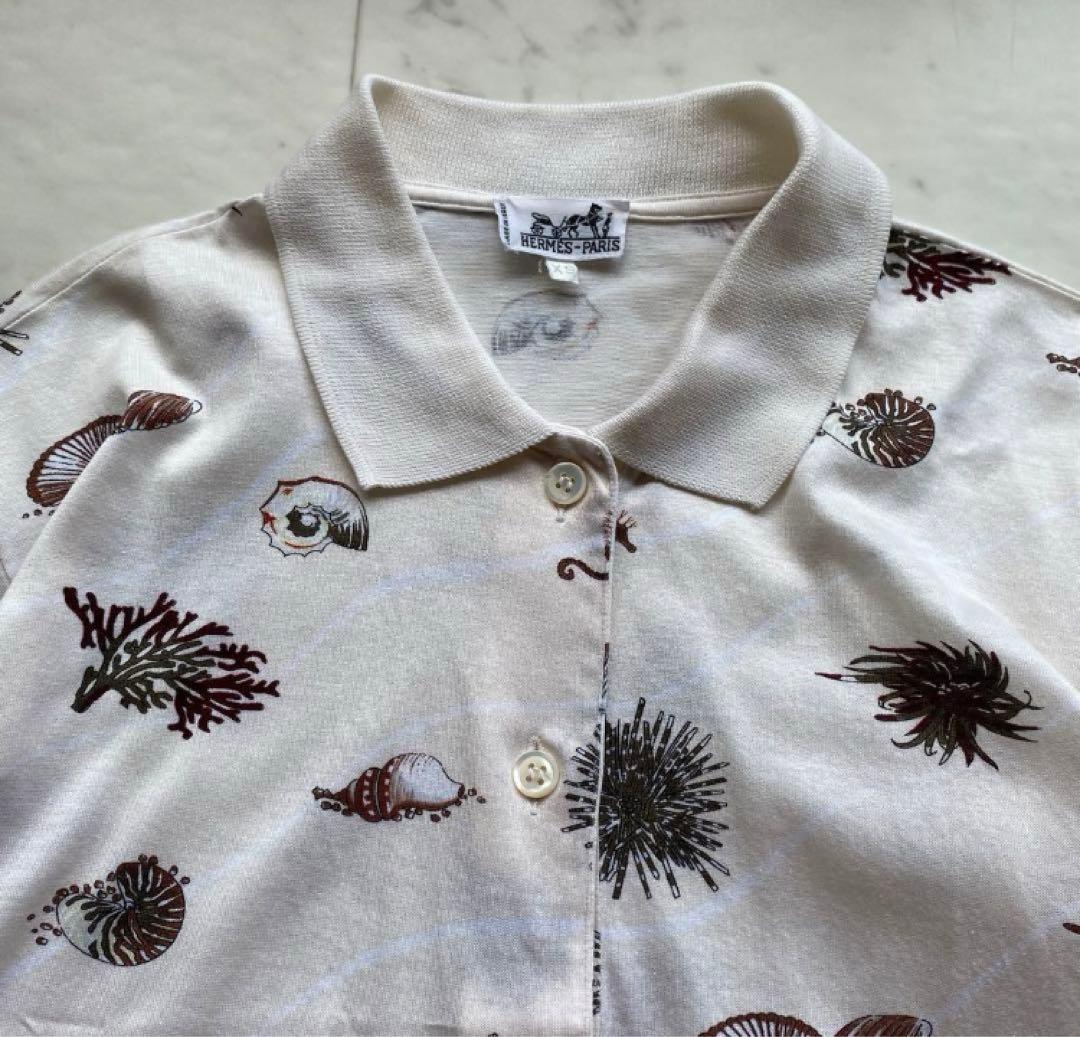 HERMES エルメス　ポロシャツ　貝　ヒトデ　海　柄　半袖　綿　コットン　白