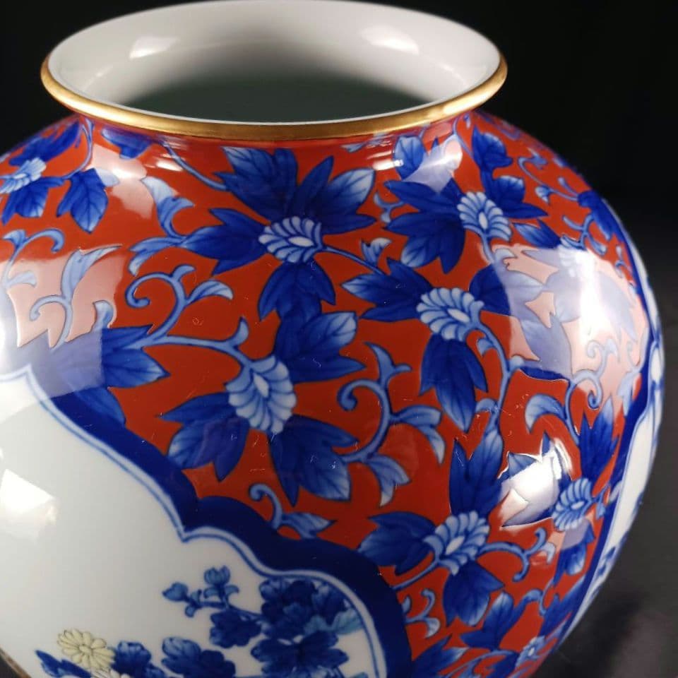 Y2293-78 深川製 金彩 花鳥図 飾壷 大型 高さ31.5㎝