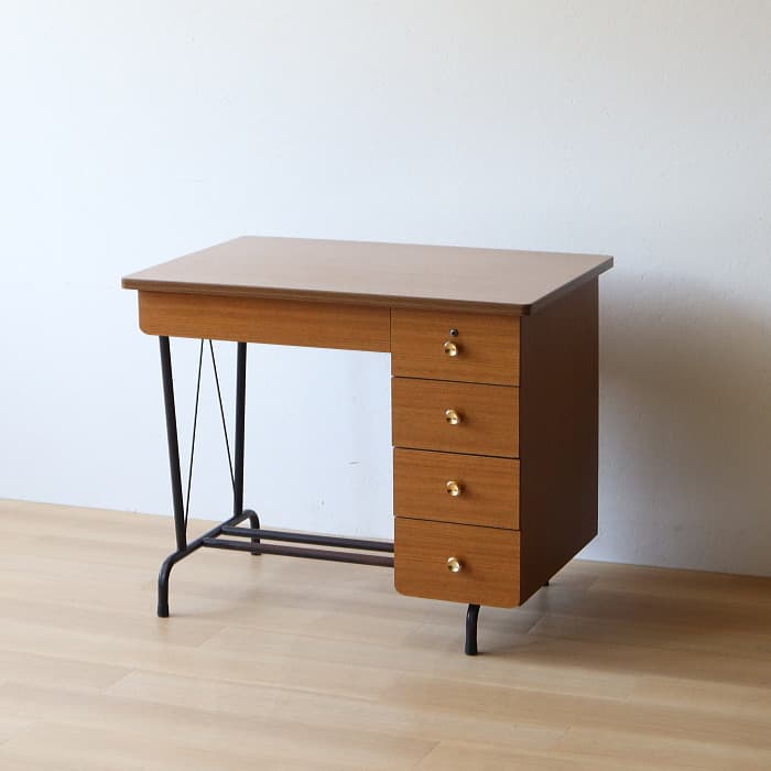 アンティーク 片袖机 レトロ 鉄脚 デスク 古家具 チーク トンボ