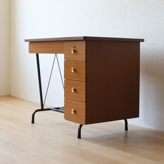 アンティーク 片袖机 レトロ 鉄脚 デスク 古家具 チーク トンボ