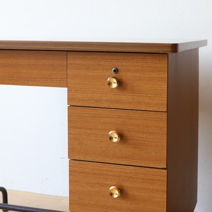 アンティーク 片袖机 レトロ 鉄脚 デスク 古家具 チーク トンボ