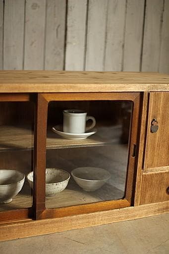 古い木製のガラス戸棚×ミラー付き戸棚×木製小引き出し　古家具　古民家　時代家具