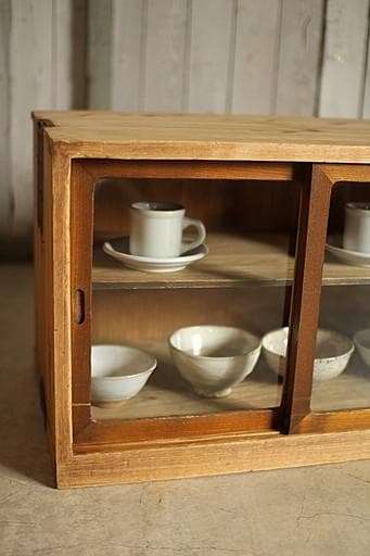 古い木製のガラス戸棚×ミラー付き戸棚×木製小引き出し　古家具　古民家　時代家具