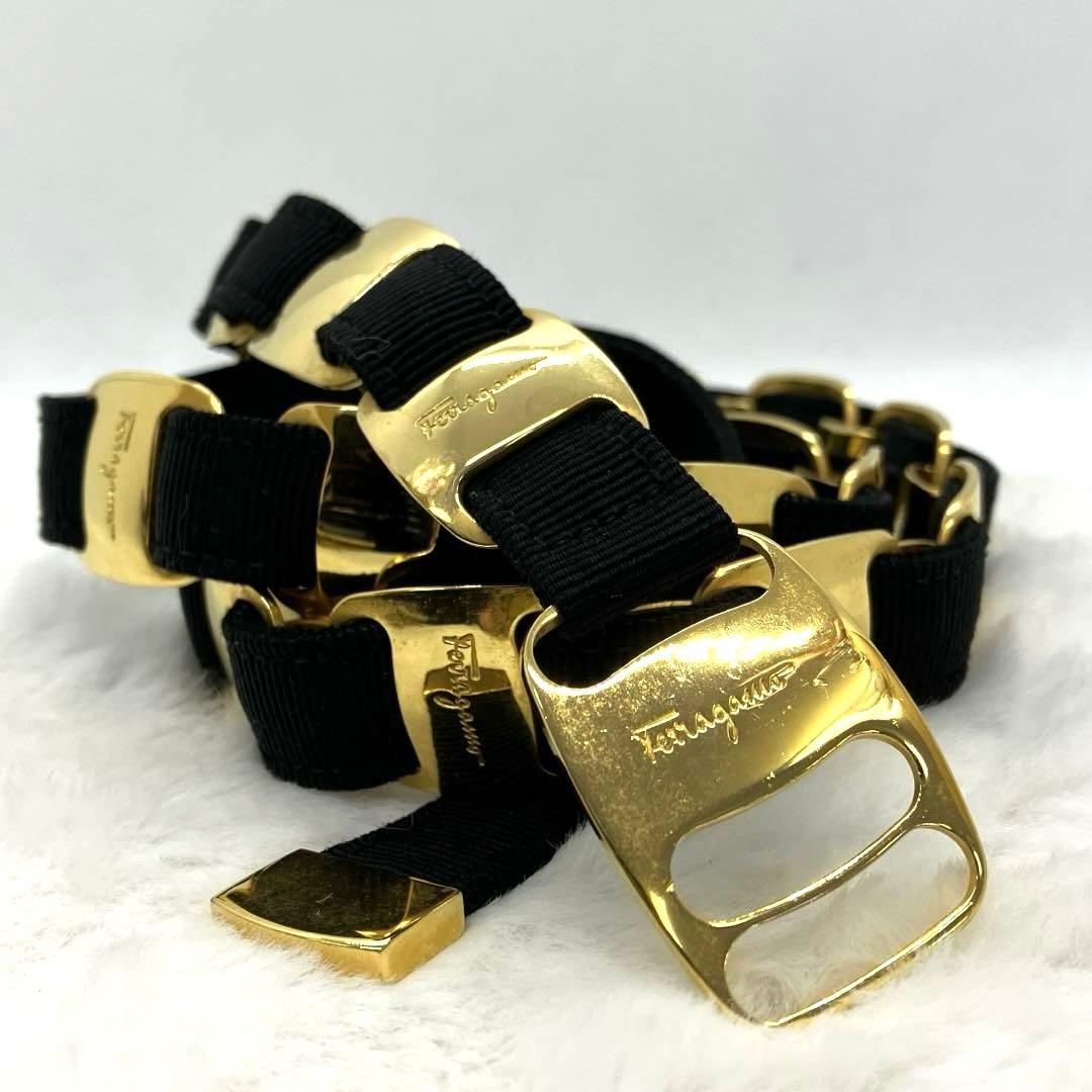 Ferragamo　ヴァラ　ベルト　キャンバス　ゴールド×ブラック　3531