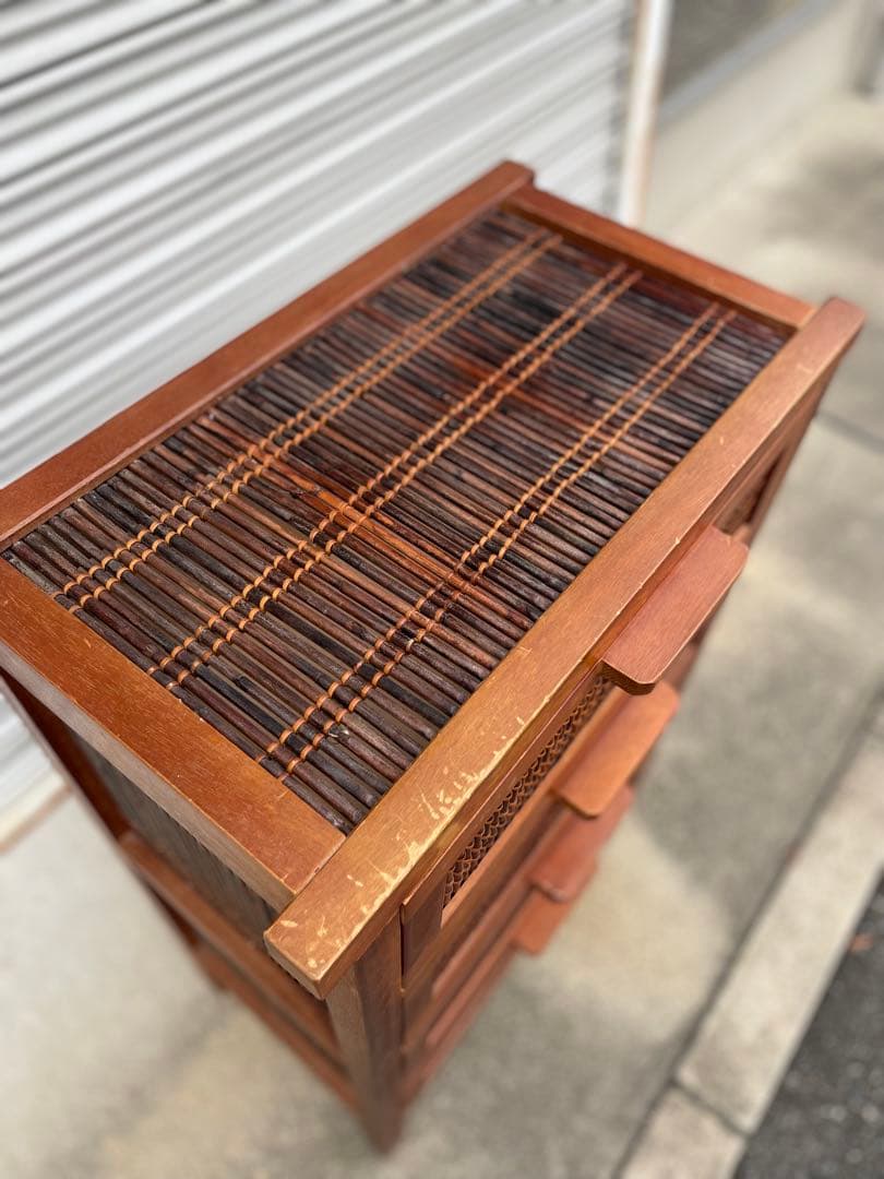 アジアン家具　木製ラタン風チェスト 4段