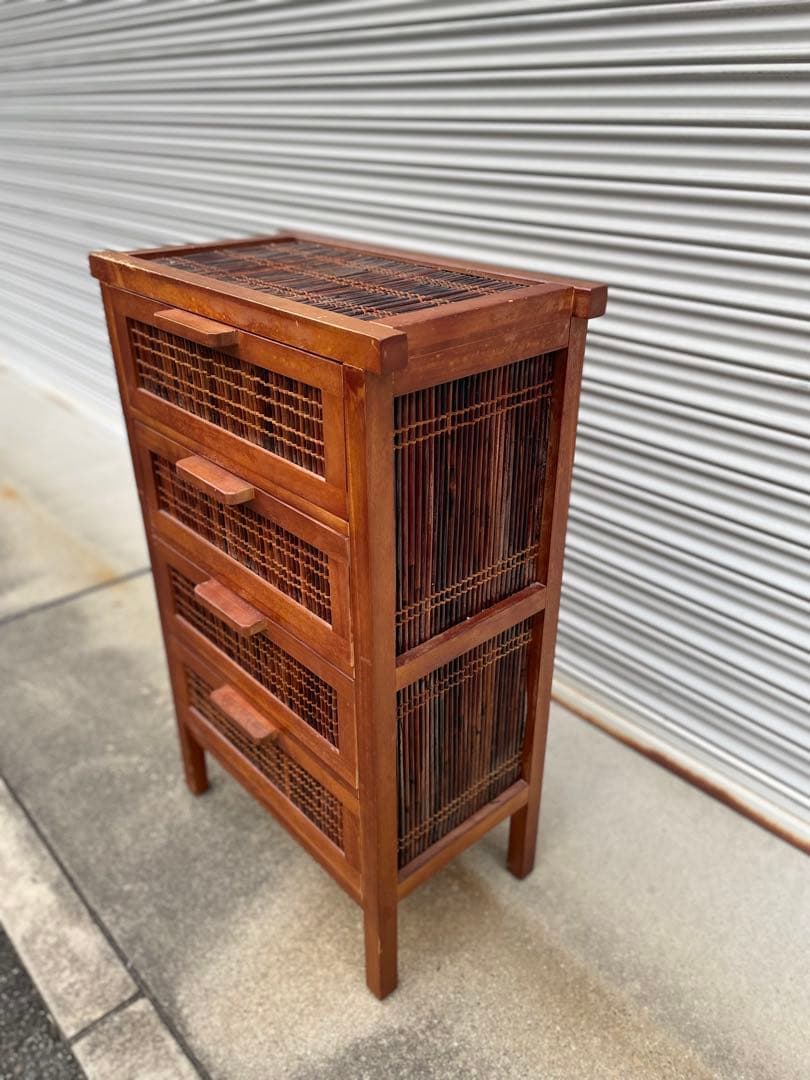 アジアン家具　木製ラタン風チェスト 4段