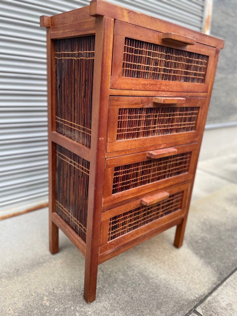 アジアン家具　木製ラタン風チェスト 4段
