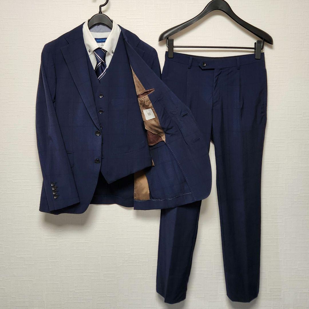 スーツセレクト　メンズ　スーツ　スリーピース　マルゾット　濃紺　チェック　細身