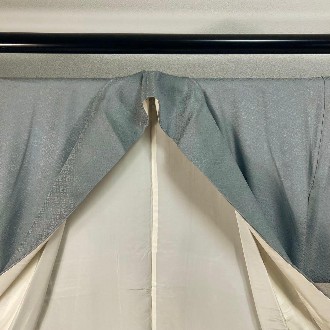 ZF-1346 色無地 地紋 正絹 燻んだ 水色 一つ紋 共八掛 美品 良品