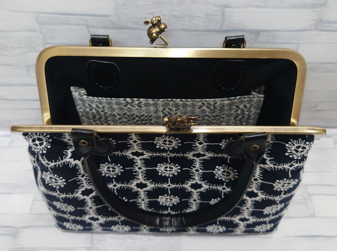 【アネモネ】ミナペルホネン リネン 大きめ がま口バッグ ハンドメイド