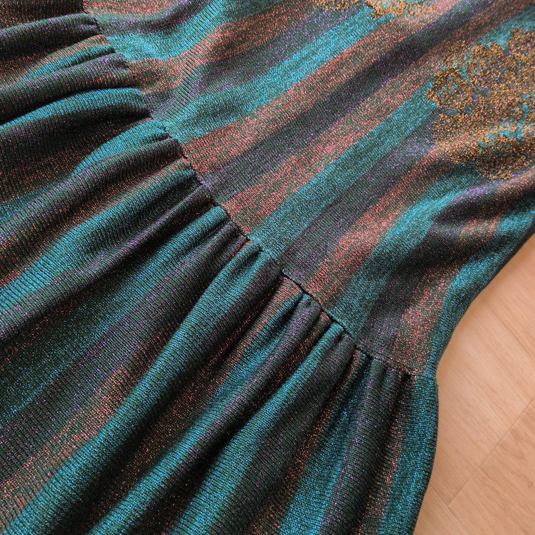 Toyoko Saito 斉藤都世子　ワンピース　グリーン・金・紫　ラメ