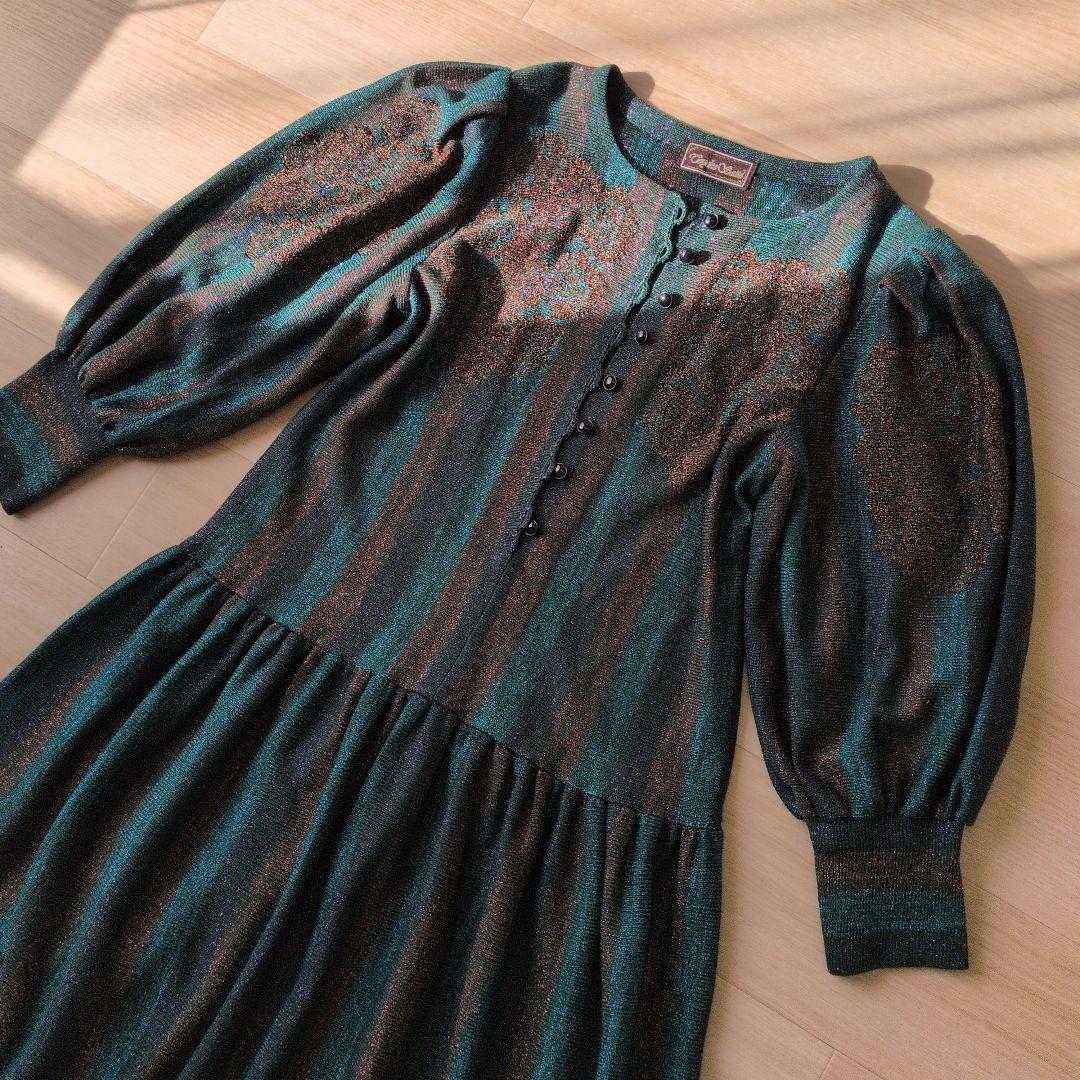 Toyoko Saito 斉藤都世子　ワンピース　グリーン・金・紫　ラメ