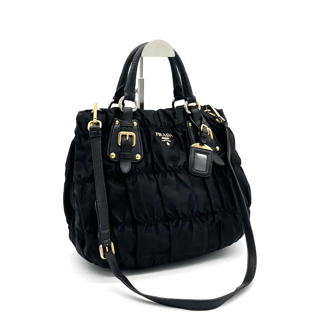 PRADAプラダ ボンバー ギャザー メタルロゴ G金具 2WAYハンドバッグ黒