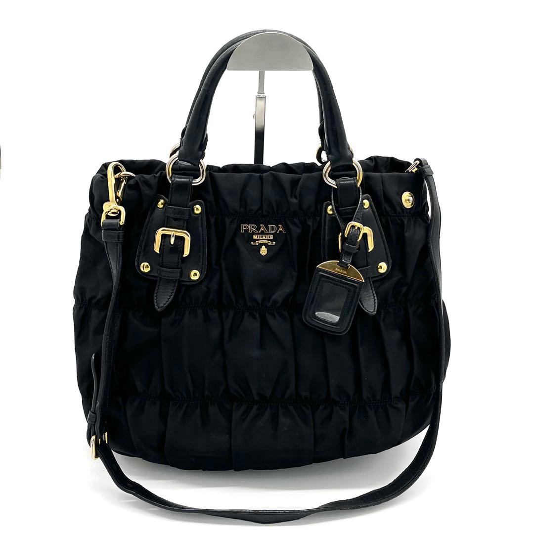 PRADAプラダ ボンバー ギャザー メタルロゴ G金具 2WAYハンドバッグ黒