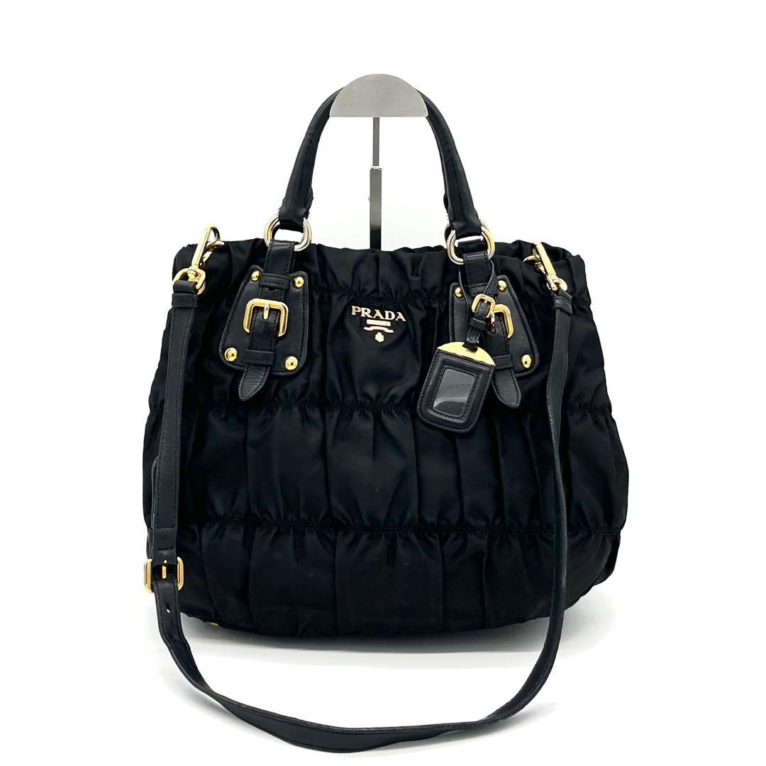 PRADAプラダ ボンバー ギャザー メタルロゴ G金具 2WAYハンドバッグ黒