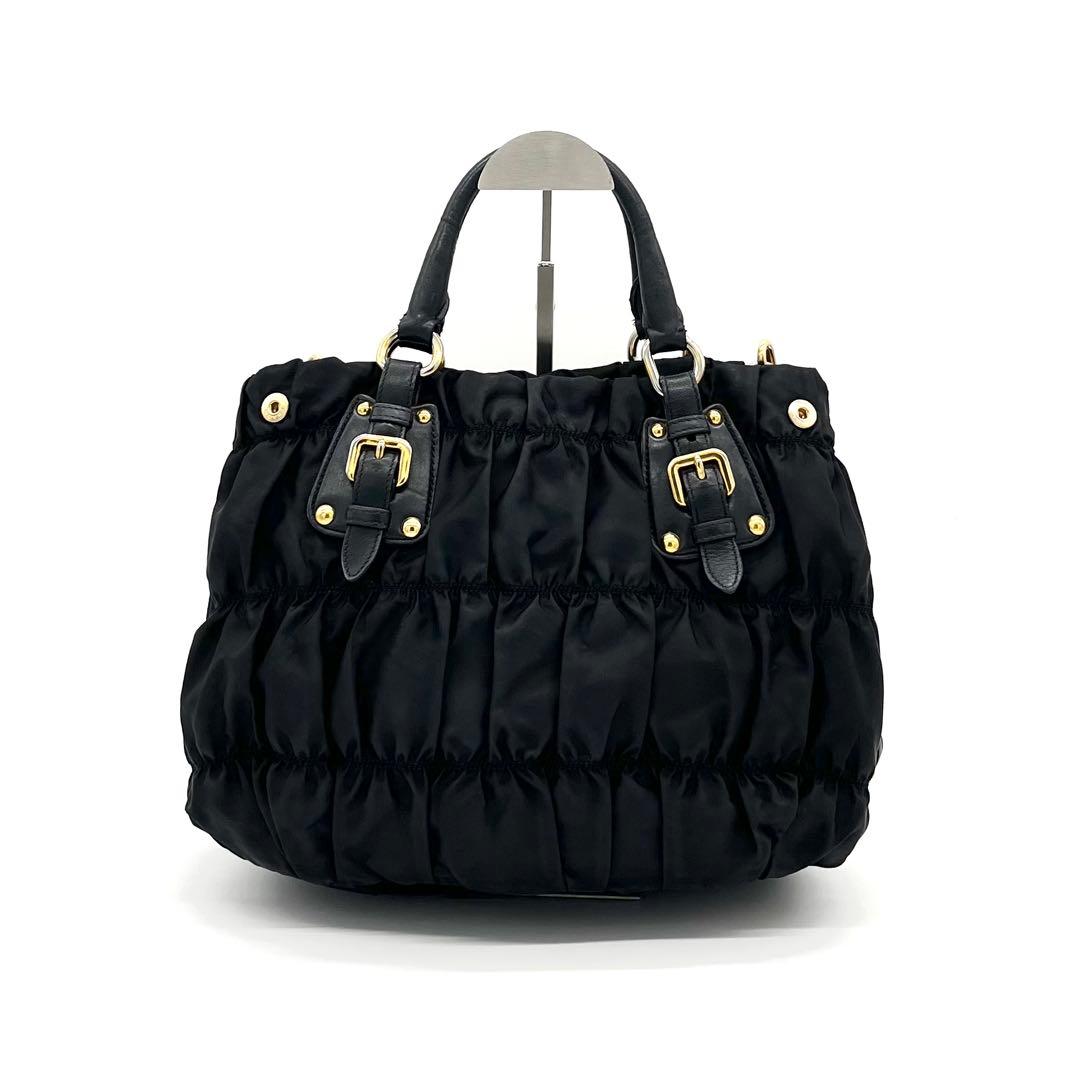 PRADAプラダ ボンバー ギャザー メタルロゴ G金具 2WAYハンドバッグ黒