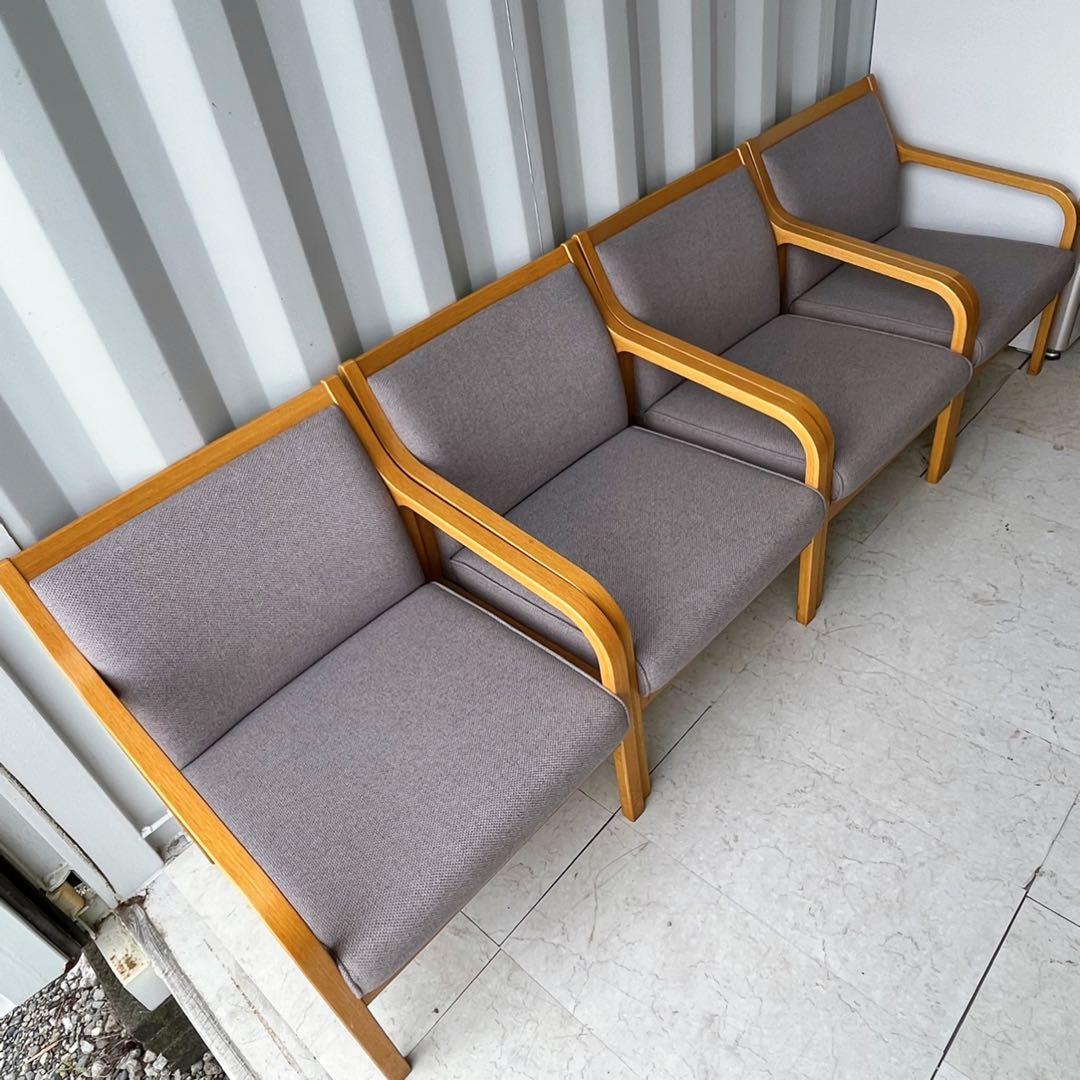 取付無料！天童木工 北欧風天然木グレーファブリック肘掛付イージーチェア4脚✨