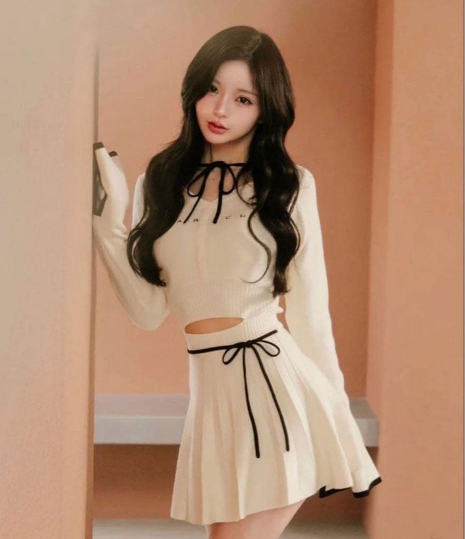 darich ウエストオープンリボンデザインニットミニワンピース ivory