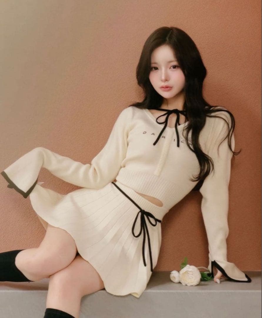 darich ウエストオープンリボンデザインニットミニワンピース ivory