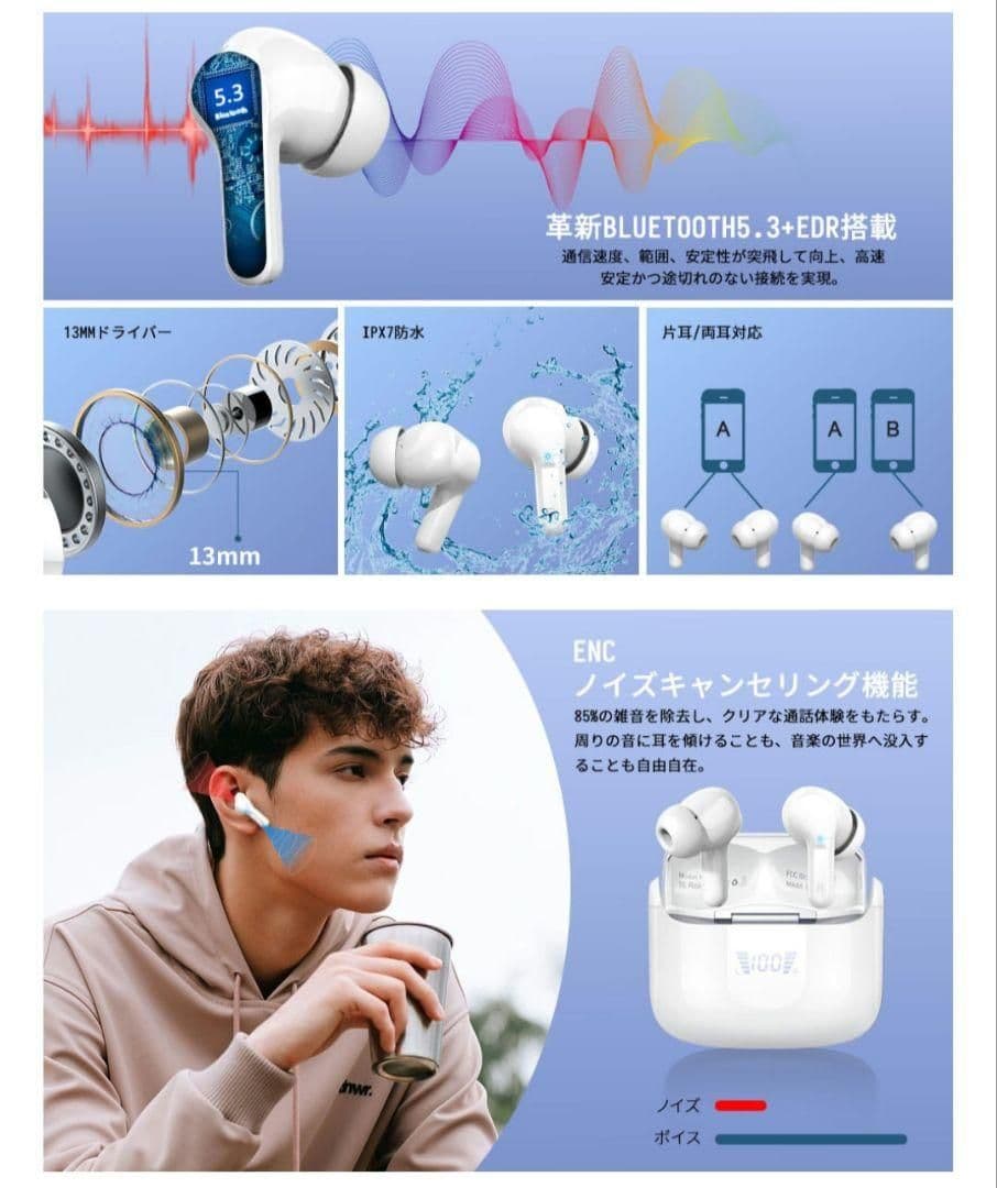 ワイヤレスイヤホン　Bluetooth5.3　通話　iPhone　Android