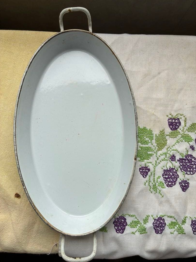 マンズアンティーク　ホーロー プレート　オーバル　お皿　トレイ手書き　レア