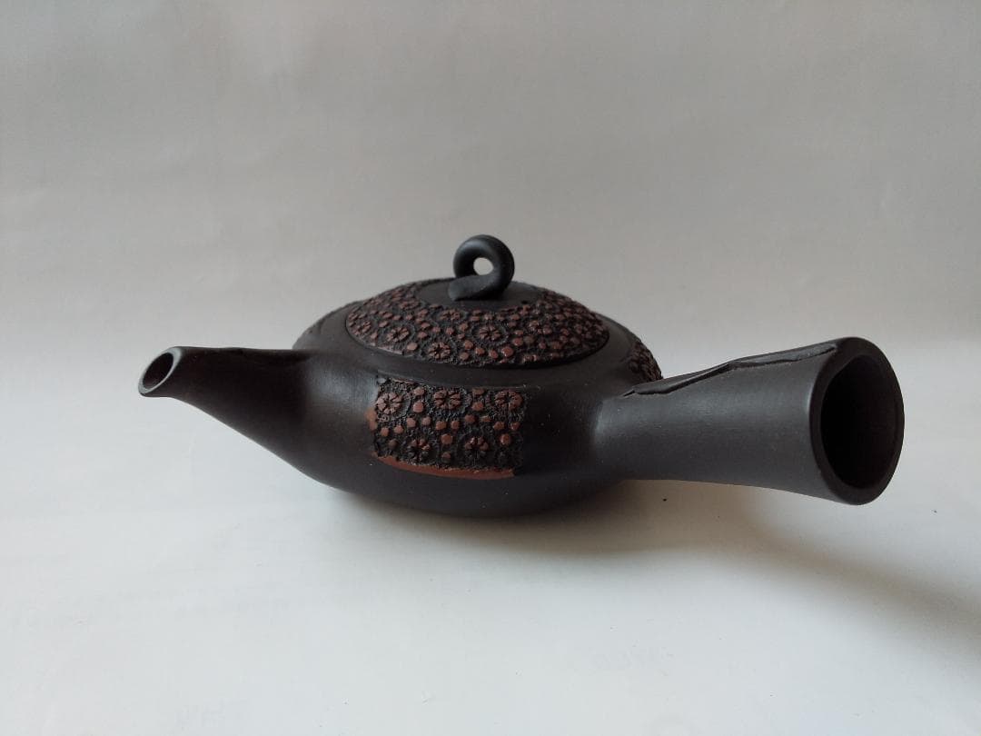 更紗常滑焼 稲葉石水 造 黒泥茶注 黒泥丸型急須 土瓶 共箱 共布 栞新品