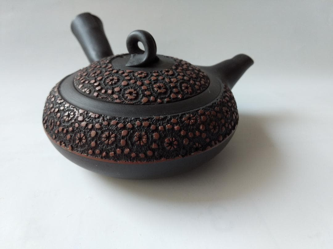 更紗常滑焼 稲葉石水 造 黒泥茶注 黒泥丸型急須 土瓶 共箱 共布 栞新品