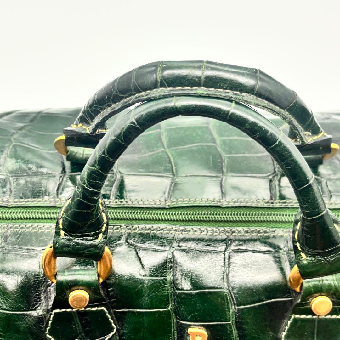 【超希少】バリー ボストンバッグ クロコ型押し ゴールド金具 グリーン レザー