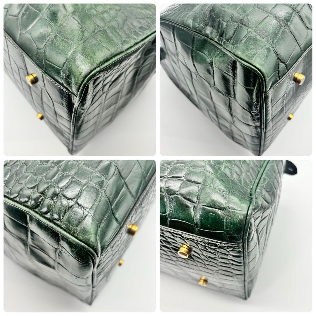 【超希少】バリー ボストンバッグ クロコ型押し ゴールド金具 グリーン レザー