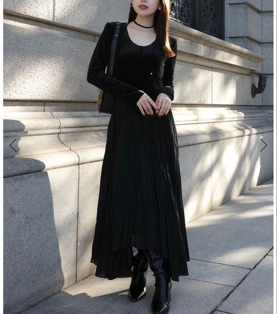 anuans ベロアシフォンドッキングワンピース ブラック