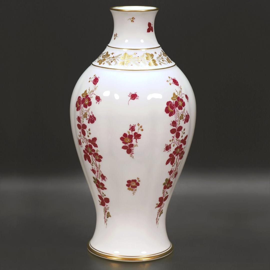 ★大倉陶園 大花瓶 35.5cm 金彩と赤い花 フラワーベース 陶磁器 陶器 壷