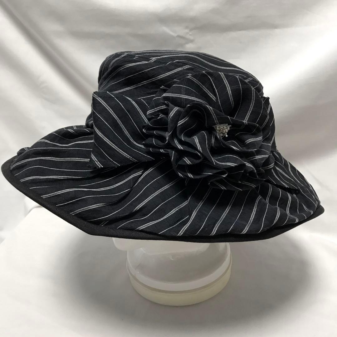 銀座マギー　麻布　黒×グレーストライプ　共布コサージュ　リボン