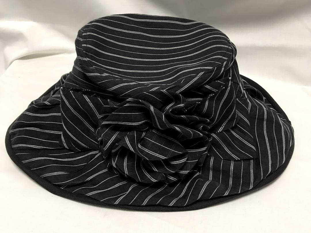 銀座マギー　麻布　黒×グレーストライプ　共布コサージュ　リボン