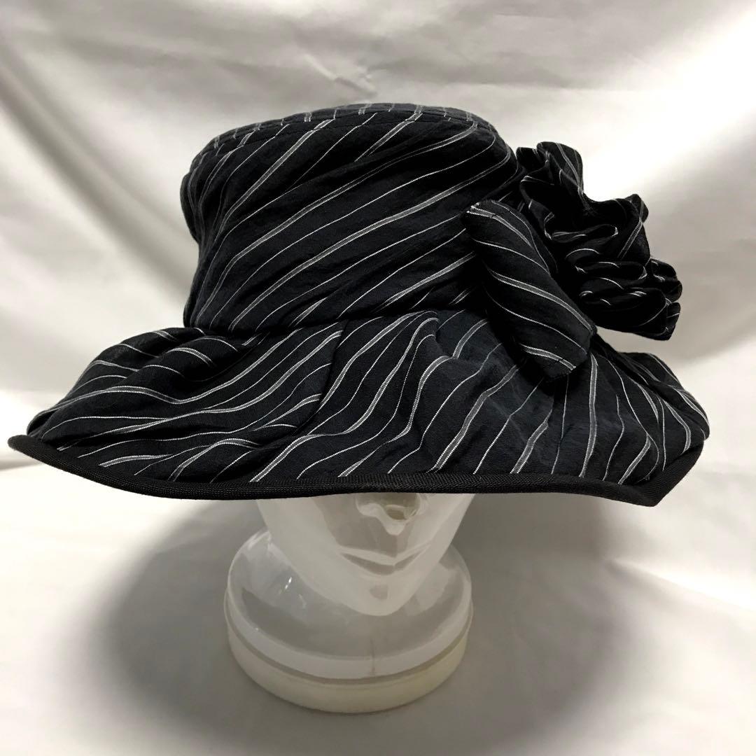 銀座マギー　麻布　黒×グレーストライプ　共布コサージュ　リボン