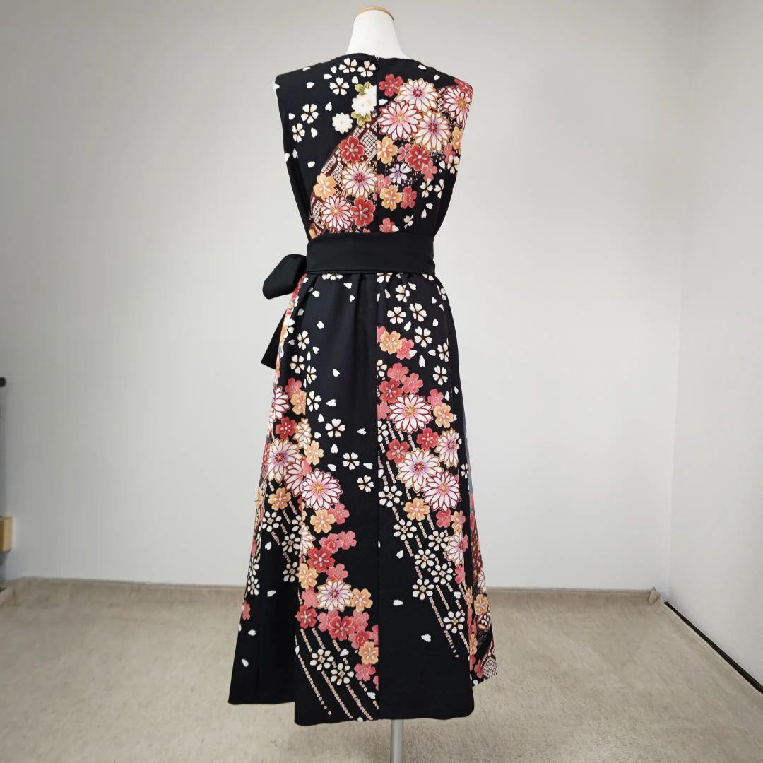 zunezune 振袖ドレス ノースリーブ 着物リメイクワンピース 黒に花