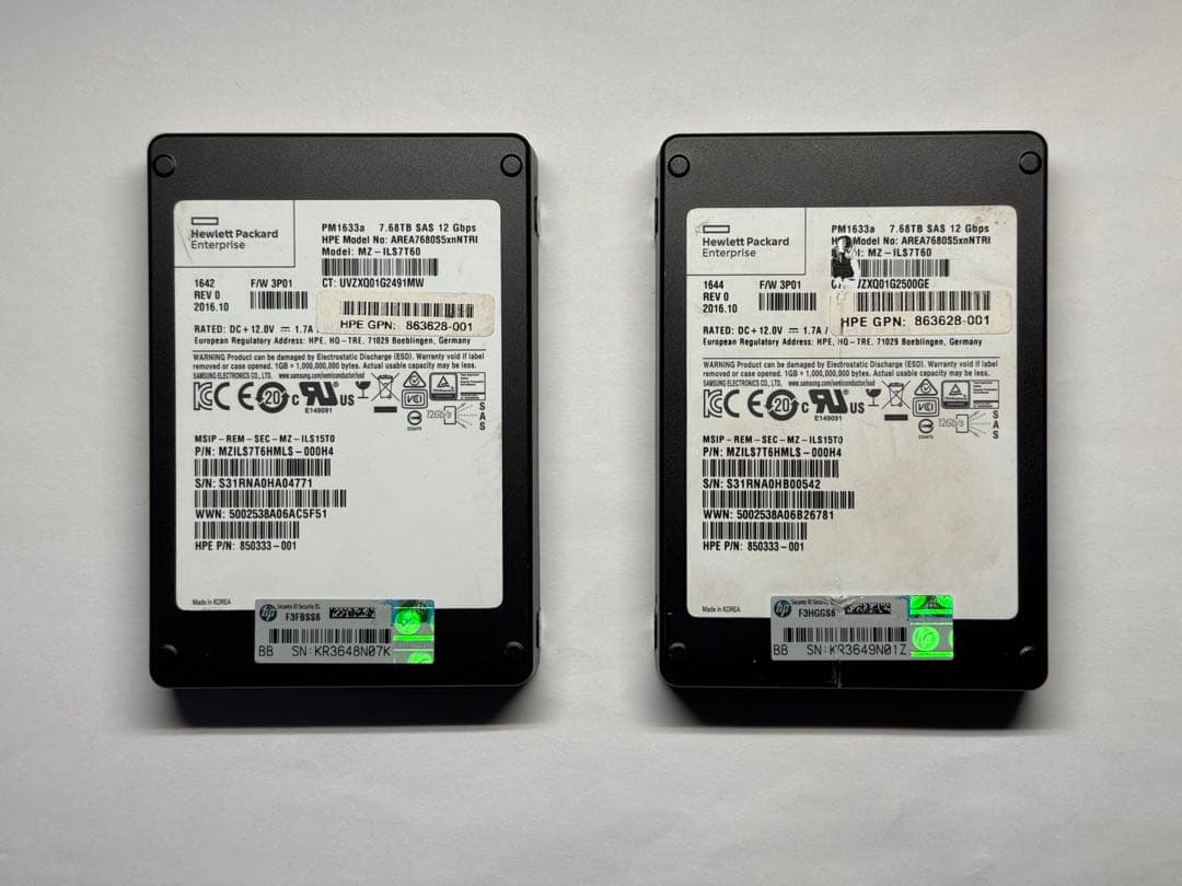 7.68TB(物理8TB) SAS SSD 2基(計15.36TB≒16TB)