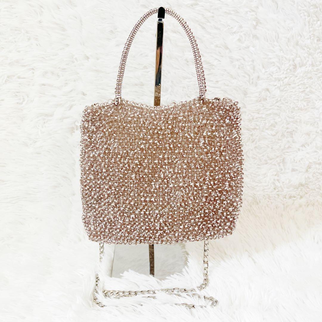 美品　アンテプリマ　スタンダードスクエアミディアム　ピンクシルバー　チェーン付き