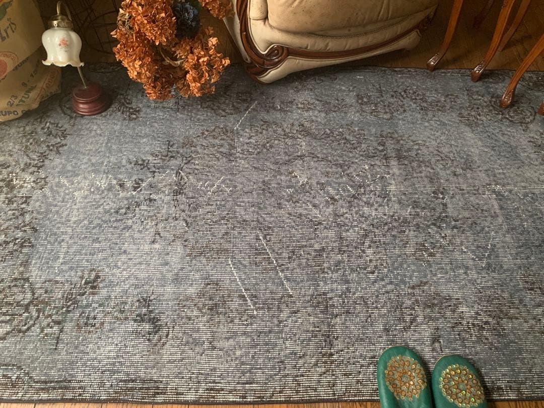 トルコヴィンテージラグ　207×104 グレー　ブラック　チョコ　オーバーダイ