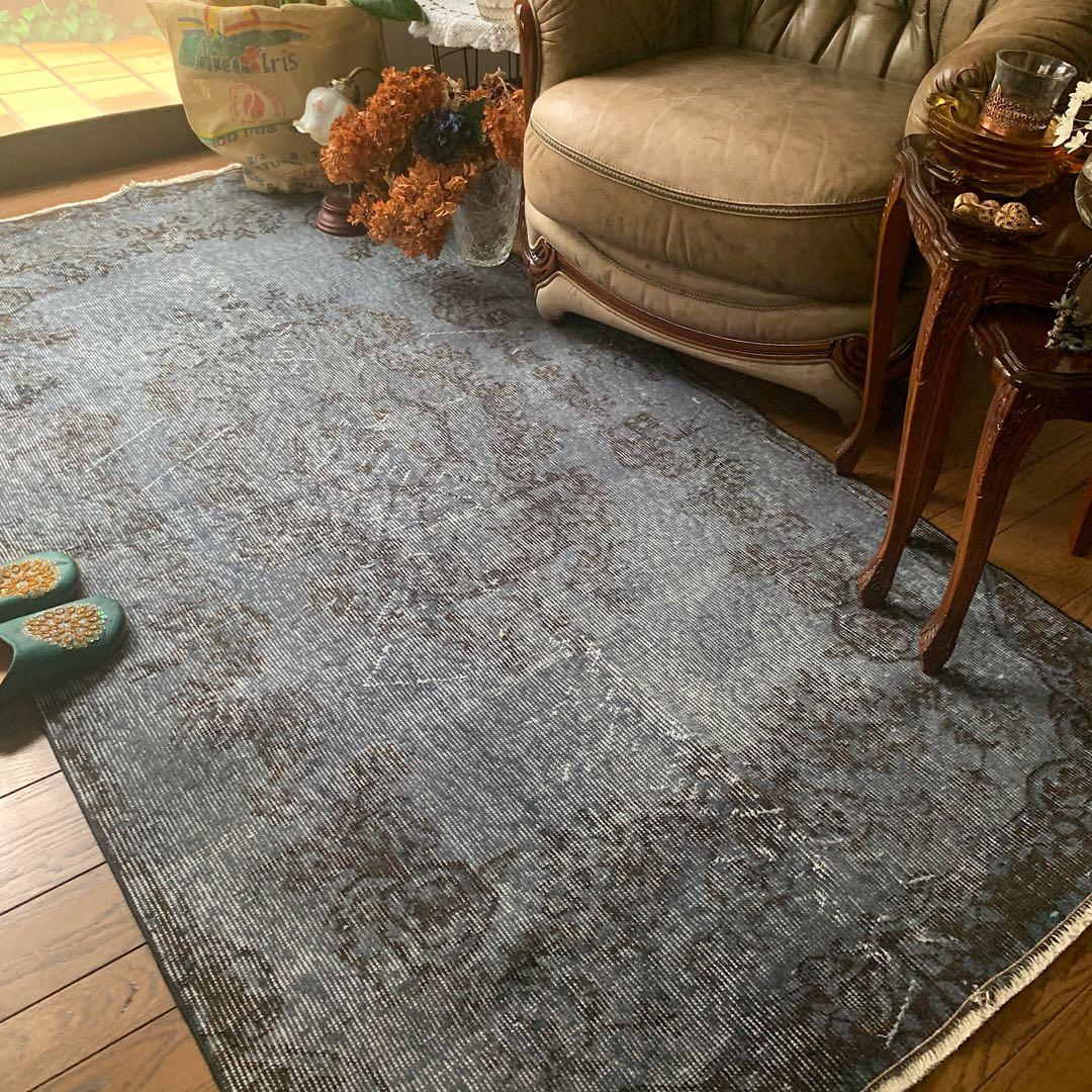 トルコヴィンテージラグ　207×104 グレー　ブラック　チョコ　オーバーダイ