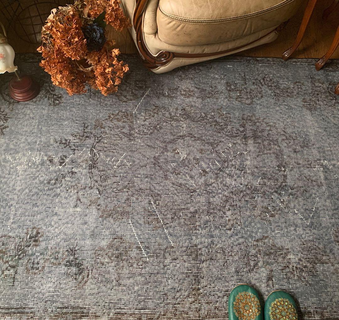 トルコヴィンテージラグ　207×104 グレー　ブラック　チョコ　オーバーダイ