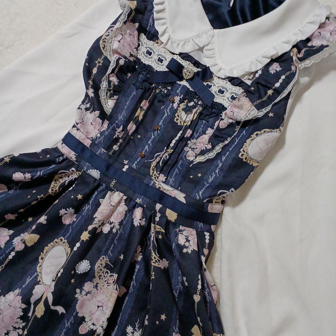 美品✨LIZ LISA リズリサ ジュエリー柄ワンピース ネイビー リボン 紺色